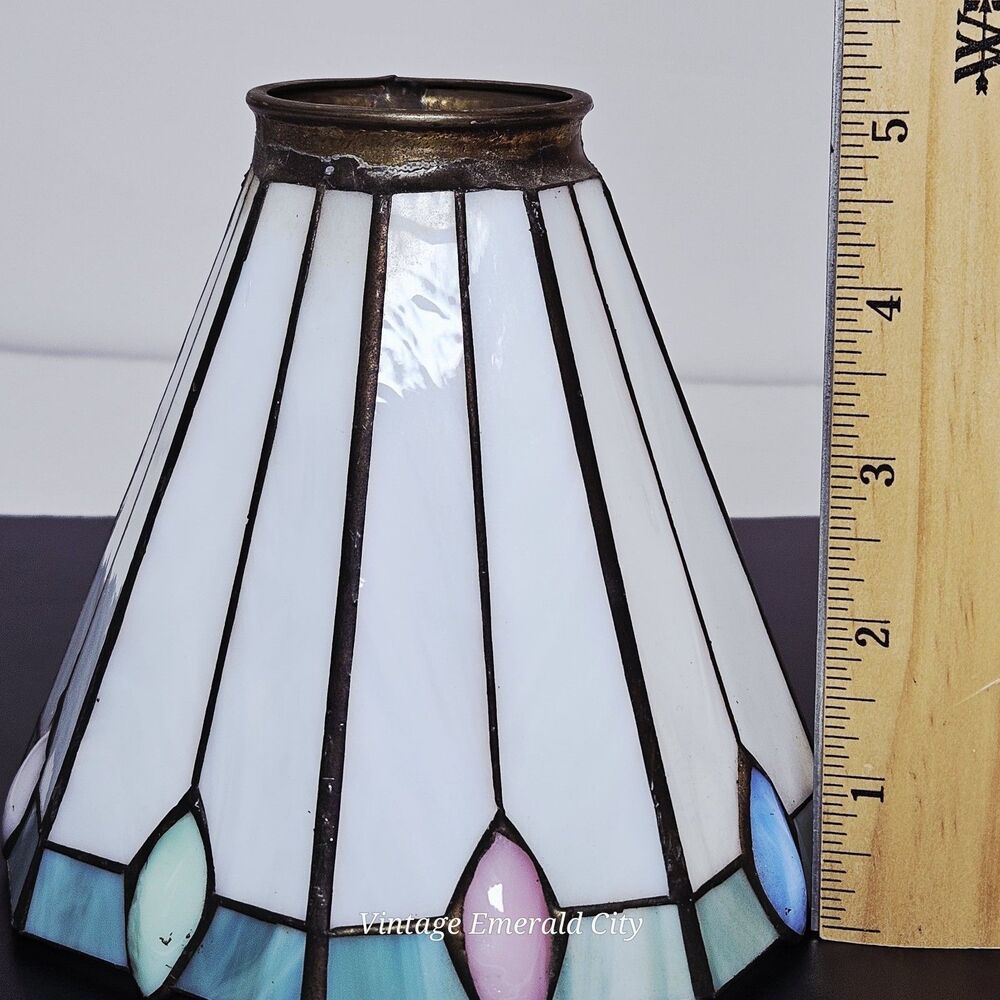 Vtg Antique Tiffany-style Stained Glass Lamp Shade Brass-White Teal Pink Mexico - Picture 6 of 12
